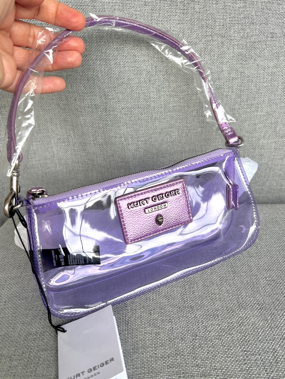 Kurt Geiger Highgate Convertible vinyl clear Wristlet Shoulder bag lavender - Picture 3 of 16